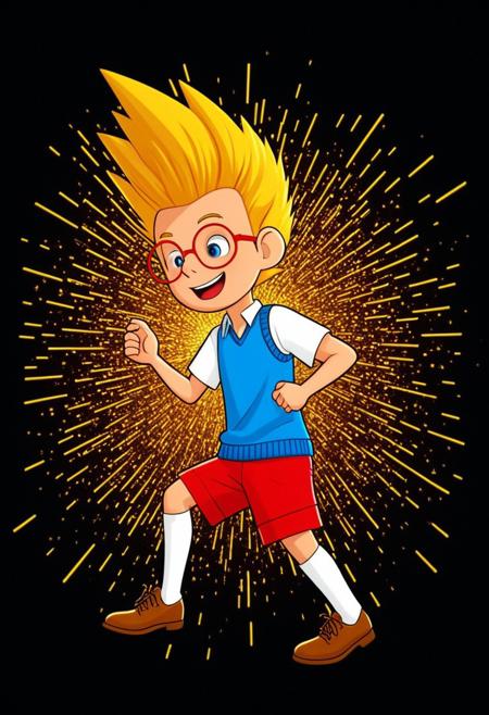 Character, Lewisrobinson, blonde spiky hair,red glasses, blue vest, red shorts, white shirt, cartoon style, brown shoes, white socks.  proud face, excited pose, in the style of golden future. gears are falling as meteor shower colored baroque geometric patterns float around the canvas in the style of colorful digital art. The image has a futurist aesthetic with a nice futuristic disorder and psychedelic color palette. Black background, neon lights, glitch art, surrealism, high contrast, vibrant colors, psychedelic patterns, ethereal glow. The overall mood should be one of happy tomorrow and hopefull beauty.It's like something in the style of science fiction.Lewisrobinson, cartoony, by ardidon