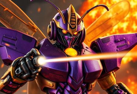 transformers generation 1, woman robot made of insect parts, scorn, with gorgeous detailed eyes in the style of precisionism, gaston bussiere, a picture, purple and gold, yellow orb in chest, insect eyes, wide focus, action pose, lasers, explosions, decepticon