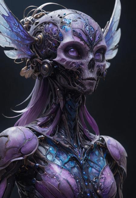 The image depicts a tall, female, humanoid insectoid figure with a lithe, muscular build and a shimmering blue and purple exoskeleton that exudes an otherworldly aura. Its segmented, armored body is adorned with intricate organic and biomechanical patterns. The creature has piercing, almond-shaped eyes, two antennae atop its head, and a face that blends humanoid and insectoid features with a stern, focused expression. Elongated limbs end in sharp, claw-like appendages, hinting at its combat prowess, while large, translucent wings resembling those of a dragonfly extend from its back, tinged with shades of pink and purple, adding to its ethereal, formidable presence. wide shot, full body