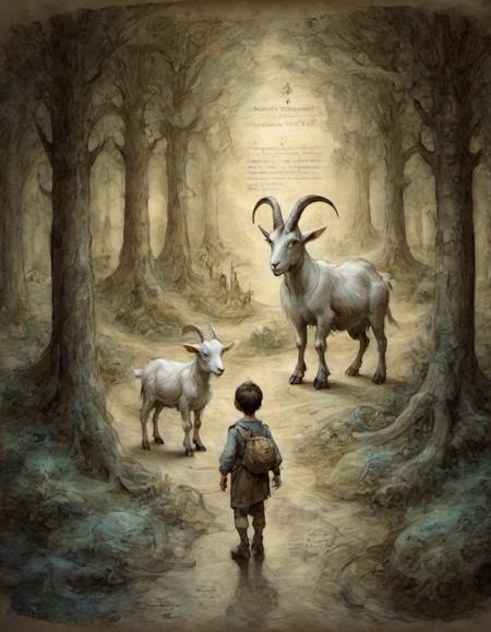 on parchment a small boy and his goat travel through a luminous fantasy forest deep ominous trail hidden watchful eyes