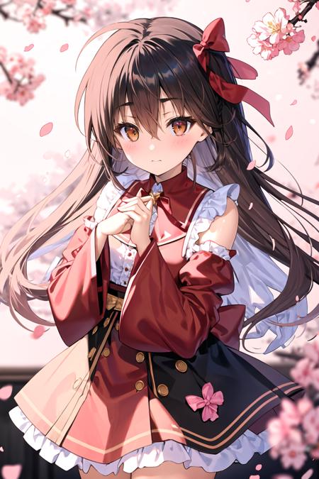 <lora:96mimo414:1>, 1girl, solo, bow, detached sleeves, brown hair, long hair, hair bow, hair tubes, red bow, brown eyes, looking at viewer, ofuda, gohei, yellow neckwear, wide sleeves, frills, ribbon trim, ribbon-trimmed sleeves, ascot, petals, red skirt, cherry blossoms, holding, skirt, blush, bare shoulders, bangs, eyebrows visible through hair, hair between eyes, closed mouth, frilled bow, long sleeves, sidelocks, frilled shirt collar, cowboy shot, blurry, skirt set, between fingers, red shirt, flower, shirt, ribbon, red vest, red ribbon, artist name, red dress, pink flower