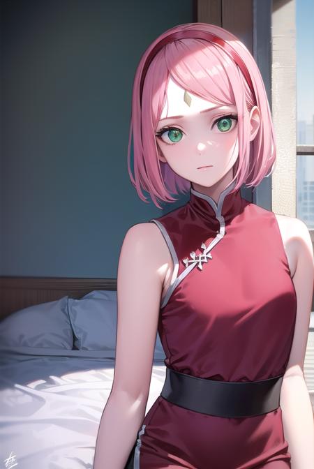 sakuraharuno, <lora:sakuraharunov2-lora-nochekaiser:1>,
sakura haruno, short hair, bangs, (green eyes:1.5), pink hair, hairband, facial mark, (forehead mark:1.2), red hairband, (swept bangs:1.5), (small breast:1.2),
BREAK chinese clothes, dress, (red dress:1.2), short skirt, black shorts, gloves, black gloves, sleeveless,
BREAK looking at viewer,
BREAK indoors, bed,
BREAK <lyco:GoodHands-beta2:1>, (masterpiece:1.2), best quality, high resolution, unity 8k wallpaper, (illustration:0.8), (beautiful detailed eyes:1.6), extremely detailed face, perfect lighting, extremely detailed CG, (perfect hands, perfect anatomy),