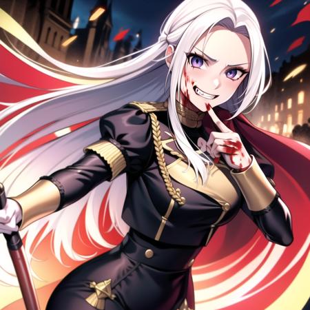 1girl, highres, masterpiece, full body, solo, anime, absurdres, detailed face, perfect eyes, edelgard von hresvelg, upper body, garreg mach monastery uniform, banner, weapon, blood on face, (evil grin)