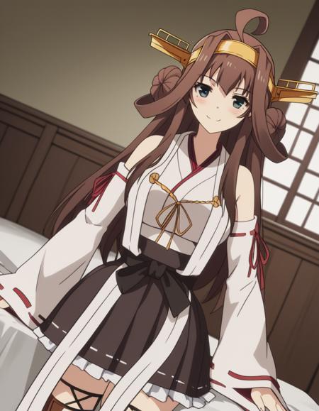 kongou, long hair, brown hair, ahoge, black eyes, hairband, hair bun, double bun, kongou (kancolle), large breasts, skirt, thighhighs, detached sleeves, japanese clothes, headgear, nontraditional miko,