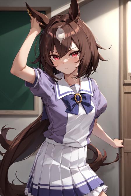 masterpiece, best quality,
srius symboli \(umamusume\),
tracen school uniform, summer uniform, serafuku, puffy short sleeves, purple bowtie, horseshoe ornament, sailor collar, sailor shirt, purple shirt, white skirt, pleated skirt, frills, 
<lora:sirus_symboli_loha:0.8>