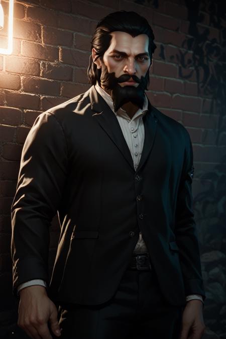 DAIBlackwall, 1boy, brown eyes, black hair, beard