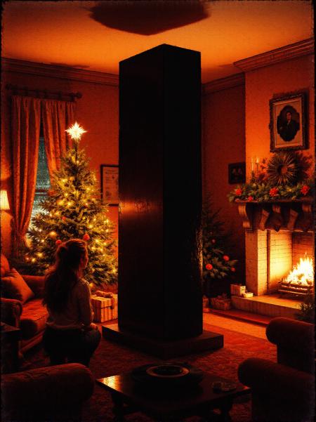 In a cozy Christmas living room, the iconic black monolith from "2001: A Space Odyssey" stands majestically in the center, its smooth obsidian surface reflecting the warm, soft glow of string lights draped across a beautifully adorned evergreen tree in the corner. The room is bathed in a rich color palette of deep reds and greens, accented by the flickering flames of the crackling fireplace, where stockings hang with care, depicting a charmingly traditional holiday scene. The lighting is meticulously arranged; a soft overhead light gently diffuses throughout the room, while a strategically placed warm-white spotlight highlights the monolith, creating a surreal juxtaposition of holiday warmth and cosmic mystery. The film grain imparts a vintage feel to the scene, reminiscent of home movies, and there is a slight vignette around the edges, pulling the viewer's focus toward the intense interaction between the woman and the enigmatic structure. A subtle haze fills the air, enhancing the dreamlike atmosphere inspired by Stanley Kubrick's visionary style, leading the viewer to ponder the relationship between the festive comforts of home and the vastness of the universe, inviting an introspective feel amid the holiday cheer.