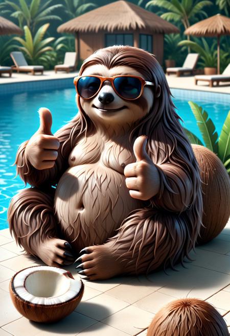 embedding:lazympos, cracked coconut made of w00kiee, sloth sitting in cocount, sunglasses, thumbs up, pool