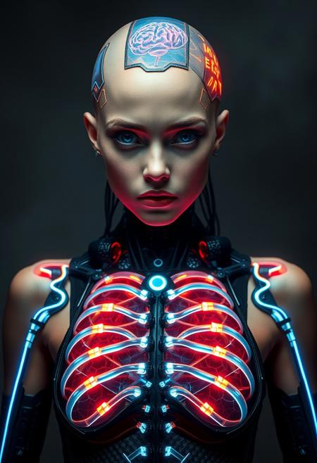 A woman Cyborg's glass ribcage glows with neon cables and gears as she poses against a dark nebula backdrop, her bald head resembling coral, transparent sections revealing a dimly glowing synthetic brain. Her piercing eyes seem to bore into the viewer, set against the bold lines of her cybernetic enhancements. A futuristic, conceptual art portrait of her shoulders and head blends human and synthetic elements, with circuit-like patterns pulsing with energy on her fiberoptical carbon fiber body. The background's muted tones contrast with the vibrant colors of the synthetic lifeform, adding depth to the scene. Her tank top and cowboy-inspired attire blend Wild West and futuristic aesthetics in a cyberpunk style.