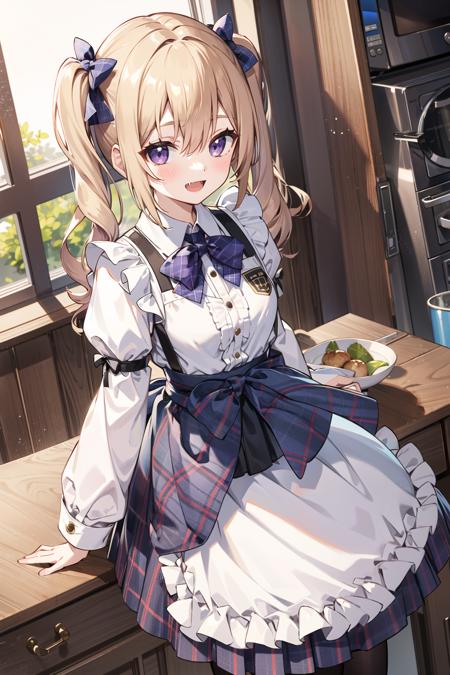 1girl, purple eyes, pantyhose, blush, long hair, twintails, plaid skirt, bow, solo focus, brown hair, bangs, hair between eyes, blue bow, open mouth,  smile, indoors,  fang, kitchen hood,very long hair, plaid bow, breasts, sleeves past wrists, blonde hair, housewife, apron, waist apron, fangs, maid, short pleated skirt