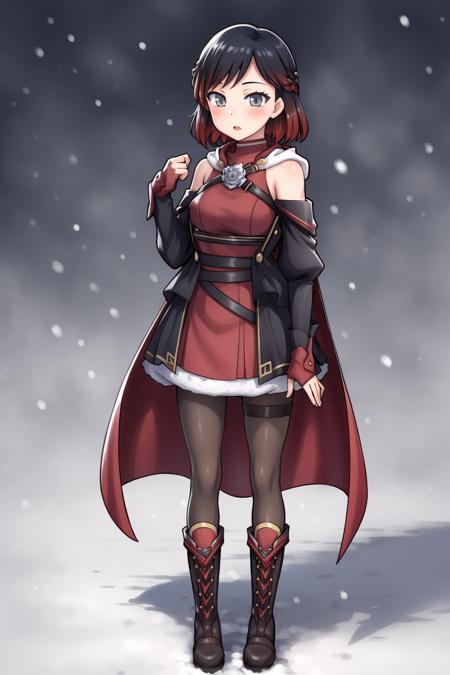 srwby, short hair, black hair, red hair, white cape, gradient hair, grey eyes