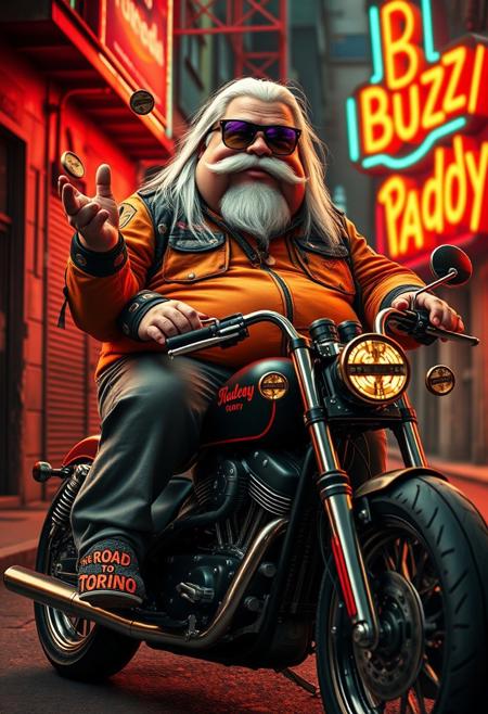 Buzz Daddy is a larger-than-life character with a Harley biker edge. His chubby, bulky build contrasts with his rugged style—dressed in a leather-studded corporate tracksuit with psychedelic accents, and a standout orange piece reading “The Road to Torino.” A buzz coin-shaped yogurt buckle and long, straight white hair complete his look. His thick, bushy Harley-style mustache and beard add a tough, custom flair, while his Ray-Ban Wayfarer goggles reflect the electric glow of neon signs. Buzz Daddy mischievously tosses stacks of Buzz coins, embracing his rebellious energy.
In this Harley custom scene, Buzz Daddy sits atop a roaring, custom Harley motorcycle, with the open road around him. The gritty alleyway setting is bathed in neon lights, adding to the vibe of freedom and adventure. His name, “Buzz Daddy,” is emblazoned in bold cinematic lettering on the side of his bike or a nearby glowing billboard, blending digital art with biker culture. The composition is surreal and playful, reflecting Buzz Daddy’s meme-driven persona, amplified by artistic influences from aidmafluxpro1.1, aidmaMJ6.1, and aidmahyperrealism, creating an unforgettable visual of his larger-than-life presence.