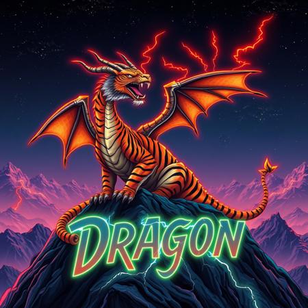 A tiger-striped dragon sitting on a mountain-top. Orange and black stripes.  Two horns.  Dragon Wings. Roaring.  Breathing fire.
Background mountains at night. Cosmic skyscape.  Synthwave colorscheme. Very realistic, fantasy illustration.
with the phrase "Dragon" emblazoned in 3D, intricate, lightning patterns, with a predominantly neon colors,