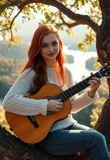 A surreal and hyper-realistic scene featuring a classical beauty with beautiful ginger hair, wearing blue jeans and a white jumper. The intricate details of her attire are highlighted, set against a dreamy, ethereal lake background. The scene is illuminated with soft, magical lighting, enhancing the otherworldly and enchanting atmosphere, sitting in a tree overlooking the forest and lake, playing an acoustic guitar. It is sunny.
surreal, hyper-realistic, classical beauty, blue jeans, white cozy jumper, beautiful (deep dark brown) eyes, pale white skin, pale skin, intricate details, dreamy background, ethereal, warm magical lighting, warm lighting, enchanting, visually stunning, high quality, detailed, sharp clarity, breathtaking, elegant, graceful, relaxed, small gentle smile, cute, redhead, sexy, cute hairstyle, 
looking at viewer, long hair, pretty girl, small medium breasts, beautiful girl, holding an acoustic guitar, playing an acoustic guitar,