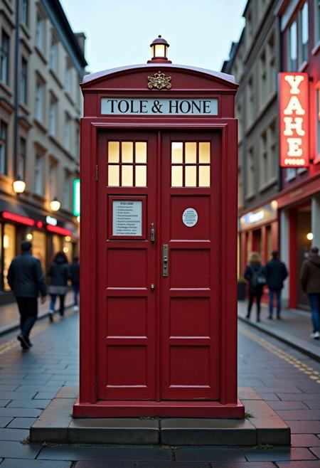 Centered, Red Police Box, TARDIS, On A Street Corner Of A Alien Planet, symmetrical, maximalist, accurate, refined, defined, highly detailed, absurdres,