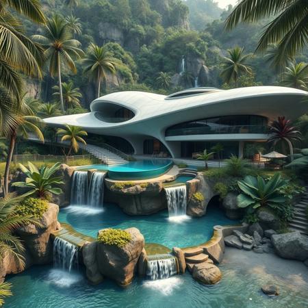 A futuristic concrete modern house in a shape of a space ship with swimigpool on a waterfall inspired from a famous architect, with exotic luxuriant vegetation around, in a tropical jungle setting, near a beach, photorealistic, a masterpiece, 4K, high details, view from close, wide lenses camera