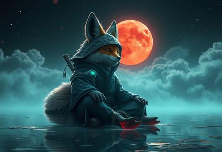 style by Petros Afshar,best quality,high resolution,realistic,8k,dynamic angle,serene,extremely detailed,absurdres particle effect,wonderful night dreamlike glowing masterpiece, celestial,detailed,realistic, clouds, Capturing serenity amidst boundless solitude: a powerful image of a fluffy ninja fox draped in flowing feudal garb, with its eyes closed, large sedge-hat, meditating in lotus position upon an endless, sunless expanse, JAPAN atmosphere, water reflection, insane glowing ,image concept art,phenomenal sakura blooming mesmerise,maximalist petal Bioluminescence majestic foliage detailed celestial,sightseeing,fantasy colorful-forestside ultrarealistic fairy,mossy, skytop realistic garden, huge detailed, red moon, big moon, Cyborg Samurai