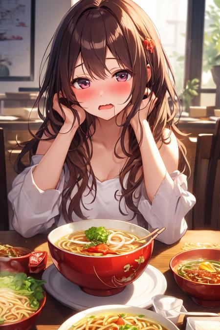 1girl, solo, masterpiece, best quality, unity 8k wallpaper, illustration, ultra-detailed, <lora:torogao_v2-000010:1>, full-face blush, heavy breathing, wavy mouth, food, noodles, bowl, ramen, table, sitting,