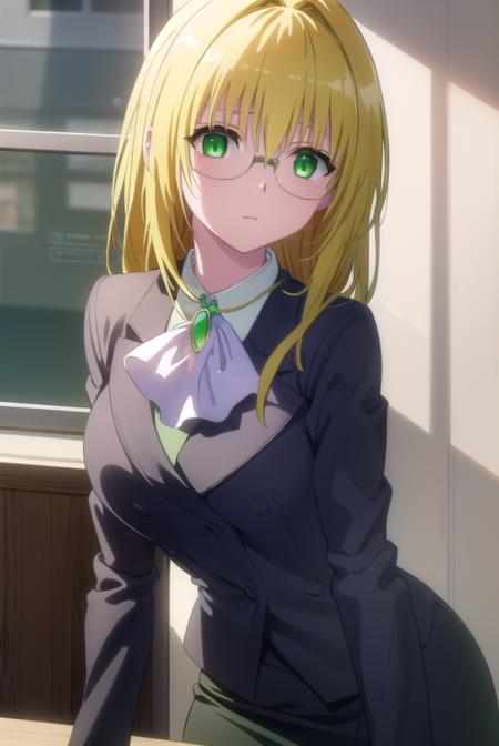 tearjulunatique, <lora:tearju lunatique darkness-lora-nochekaiser:1>,
tearju lunatique, long hair, blonde hair, (green eyes:1.5), sidelocks, glasses,
BREAK shirt, collared shirt, white shirt, suit, formal suit, long sleeves, ascot, white ascot, gemstone, green gemstone, skirt, pencil skirt,
BREAK indoors, classroom,
BREAK looking at viewer, (cowboy shot:1.5),
BREAK <lyco:GoodHands-beta2:1>, (masterpiece:1.2), best quality, high resolution, unity 8k wallpaper, (illustration:0.8), (beautiful detailed eyes:1.6), extremely detailed face, perfect lighting, extremely detailed CG, (perfect hands, perfect anatomy),