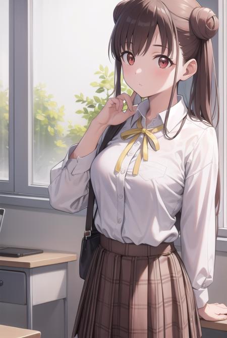 chiyokosonoda, <lyco:chiyokosonoda-lyco-nochekaiser:1>,
chiyoko sonoda, brown hair, (red eyes:1.5), hair bun, long hair, double bun, sidelocks,
BREAK brown skirt, buttons, collared shirt, dress shirt, miniskirt, neck ribbon, plaid, plaid skirt, pleated skirt, ribbon, school uniform, shirt, skirt, white shirt, yellow ribbon,
BREAK indoors, classroom,
BREAK looking at viewer, cowboy shot,
BREAK <lyco:GoodHands-beta2:1>, (masterpiece:1.2), best quality, high resolution, unity 8k wallpaper, (illustration:0.8), (beautiful detailed eyes:1.6), extremely detailed face, perfect lighting, extremely detailed CG, (perfect hands, perfect anatomy),