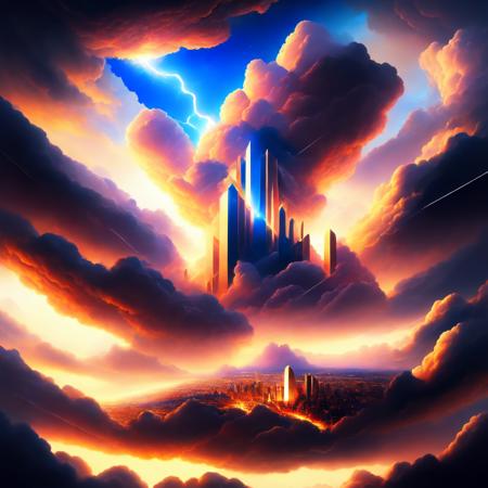 (neoolympus style:1) a painting of a city surrounded by clouds and lightning <lora:djzNeoOlympusV21_LoraBooth:1>