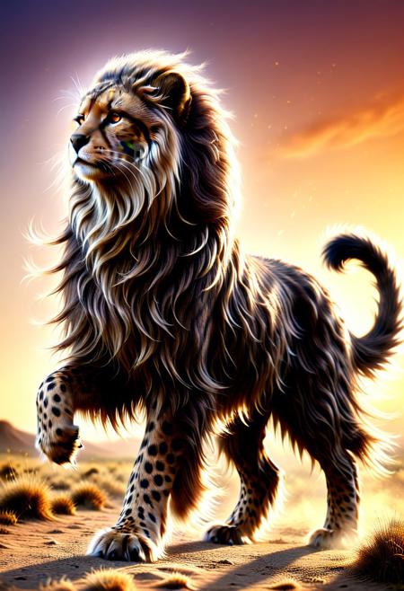 "Mystical cheetah warrior with long, flowing Wookiee-style fur along its back and tail, swift and elegant in motion, standing on a windswept savannah at twilight, glowing golden eyes filled with intensity, powerful muscle structure with mystical markings across its body, sleek armor plates of enchanted metal, vertical fantasy portrait, dynamic pose with motion blur, dramatic sunset lighting casting long shadows, highly detailed fur and intricate designs, aura of unmatched speed and grace, ethereal dust swirling around"