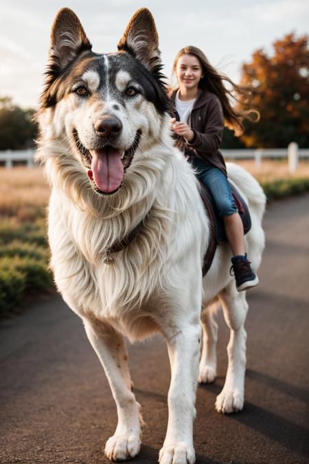 full body,photo of a 18 year old girl,riding on a oversized dog,running,happy,looking at viewer,ray tracing,detail shadow,shot on Fujifilm X-T4,85mm f1.2,sharp focus,depth of field,blurry background,bokeh,lens flare,motion blur,<lora:add_detail:1>,