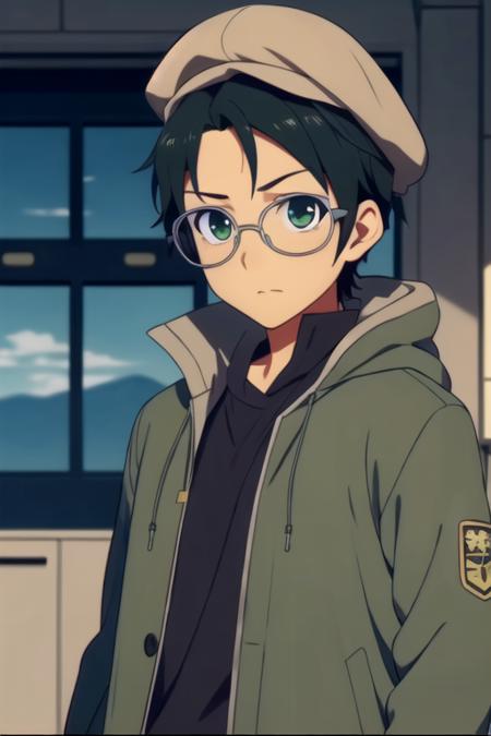 masterpiece, best quality, wallpaper, 1boy, solo, male focus, looking at viewer, upper body, , <lora:kengo_suguri:0.74>, kengo_suguri, black hair, green eyes, glasses, coat, newsboy cap, sci-fi, Blu-ray