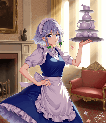 Izayoi Sakuya short silver hair tied into twin braids and adorned with green bows, she wears a blue maid outfit and has a green ribbon tied at her collar, detatched cuffs