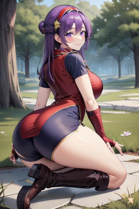 <lora:Asamiya_Athena_KOF2000:0.8> Athena, 1girl, solo, gloves, fingerless gloves, long hair, breasts, looking at viewer, shorts, boots, blush, sitting, smile, star (symbol),  full body, hair ornament, ass, large breasts, short sleeves, forest,
masterpiece, high quality, very_high_resolution, large_filesize, full color,