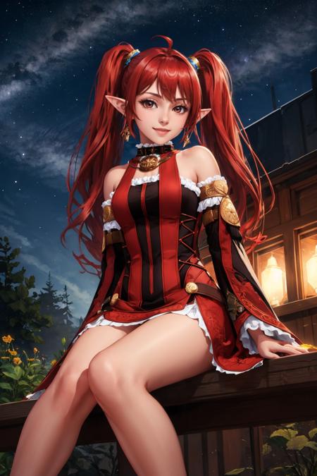 dnfBattleMage, twintails earrings, black and red dress, detached sleeves, red skirt, boots