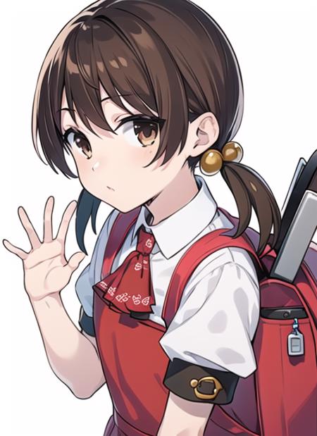 <lyco:kaai yuki:0.75>,masterpiece,best quality,
kaai yuki, 1girl, solo,brown eyes, low twintails,short twintails,looking at viewer,waving,
hair ornament,white shirt, ascot, puffy short sleeves, red dress, collared shirt,backpack,