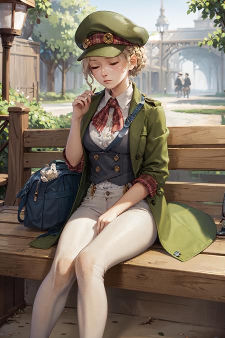 (masterpiece, best quality:1.2), <lora:gaa_lestrade-10:0.7>, solo, 1girl, gina lestrade, sitting in a bench, sleeping, short hair, braid, closed eyes, green headwear, green coat, shoulder bag, London, cobblestone road