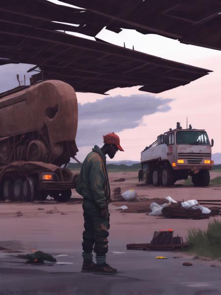 <lora:21Stalenhag:1>a painting of a man standing next to a truck by Simon Stlenhag