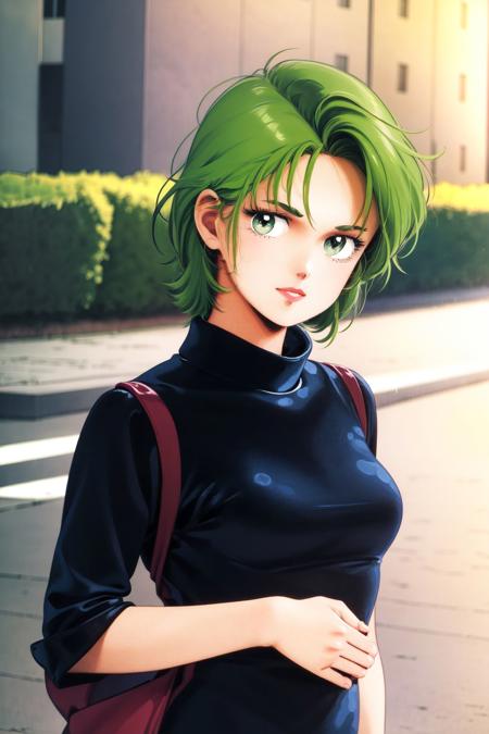 20thkitazumesolo, 1girl, looking at viewer, medium breasts, green hair, brown clothes, beautiful detailed face, outdoors <lora:Kitazume_Hiroyuki_style_v01.08:1>