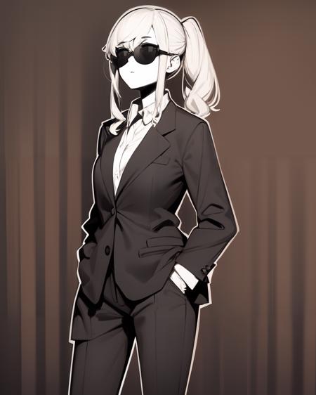 <lyco:shirokujira-NAI-LyCORIS:1>
a girl wearing sunglasses and suit, hands in pockets, outline