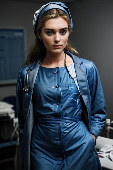 a professional photograph of beautiful (M36D0n:1.1) woman,as a surgeon physician,wearing a (steel blue lab coat:1.2) over (indigo dress:1.2),with stethoscope around neck,name tag on lapel,holding an (x-ray chart:1.4),standing in a hospital surgery suite,wearing gloves,surrounded by a (examination table and medical equipment:1.2),long hair,jewelry,lipstick,makeup and eyeshadow,(face focus),cinematic movie still,dramatic pose,sharp focus,detailed eyes,(highly detailed),(HDR),(8k wallpaper),intricately detailed,highres,absurdres,hyper realistic,8K UHD DSLR,Fujifilm XT3,taken with (Canon EOS 1Ds camera),35mm film,extremely intricate,dramatic,(looking at viewer),4k textures,elegant,(cinematic look),hyperdetailed,PA7_Portrait-MS,<lora:M36D0n_04A-000002:1.0>,