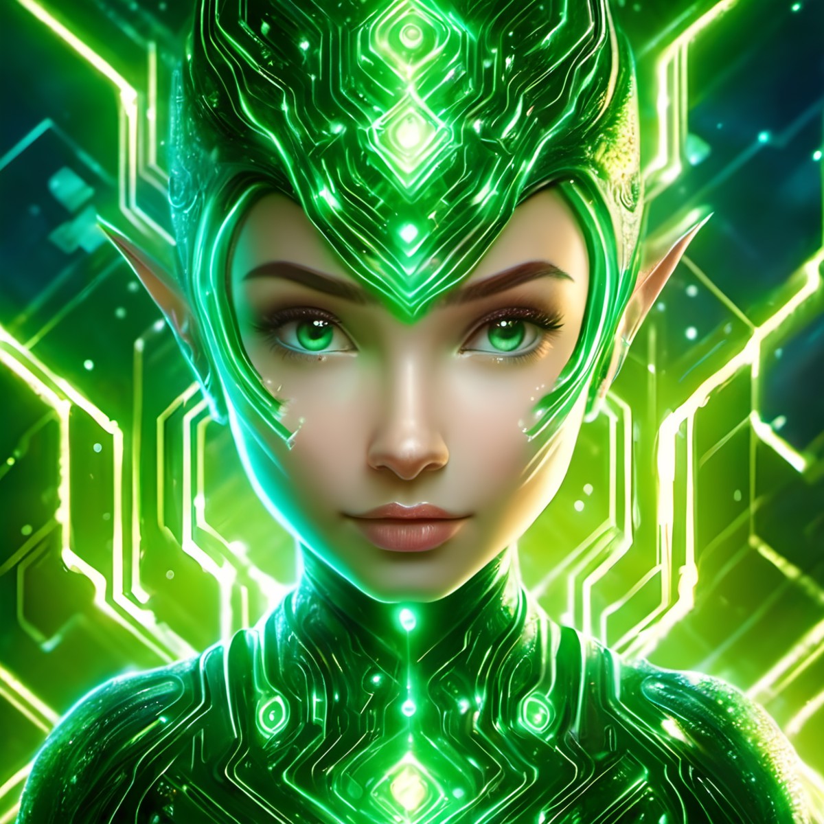 iccircuitart,green theme,<lora:iccircuitart:1>,, portrait of a CGI animation character, magical background, bright natural...
