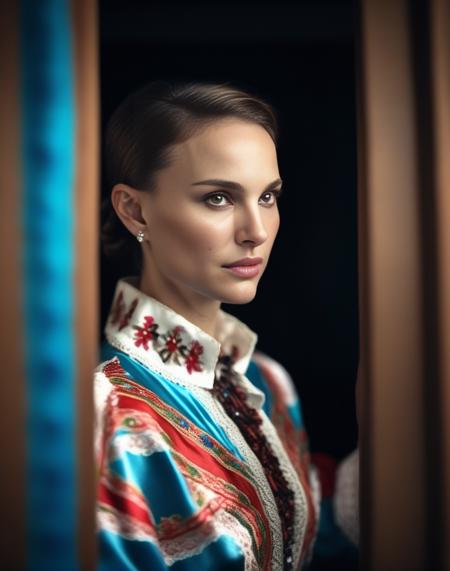 NataliePortman, photograph, Secret Burundian Female, wearing Albanian Mexican charro suit, inside a Satin Portal, deep focus, natural lighting, film grain, Sony A9 II, Depth of field 270mm, <lora:NataliePortmanSDXL:1>