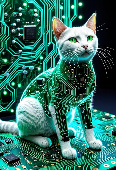 a cat made of electronic circuits, futuristic cyber cat, glowing circuit lines, neon blue and green lights, sleek metal plating, intricate motherboard patterns, robotic feline, sci-fi atmosphere, highly detailed, ultra sharp, 4k render, <lora:CircuitBoardStyle:0.7>, TzigoCBS
