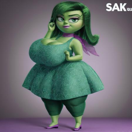 <lora:Disgust:0.75> anatomically correct, masterpiece, best high quality, RAW Photo, perfect anatomy, 4k, quality lighting, detailed hands, detailed feet, detailed eyes, solo, female character, green dress, pear-shaped, dark green pants, purple shoes, purple neck scarf, green hair, green skin, massive thighs, massive hips, big breasts, massive boobs <lora:BGV5EX:1> <lora:add_detail:1>