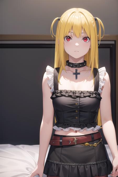 misa amane, twintails, (brown eyes:1.5), (yellow hair:1.5), sidelocks, long hair, misa amane, twintails, (red eyes:1.3), blonde hair, sidelocks, long hair, skirt, pantyhose, sleeveless, belt, cross, frilled skirt, gothic,