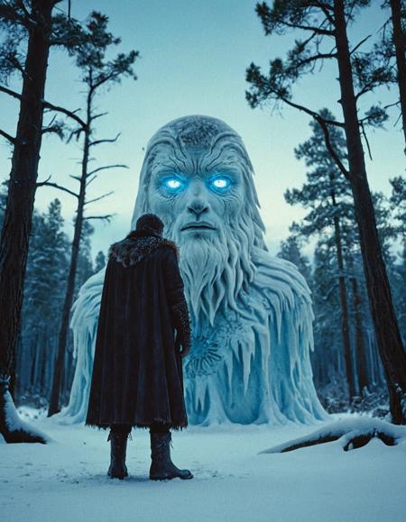 cinematic photo Surrealist art breathtaking cinematic film still solitary cloaked wanderer in snow-crusted leather boots, standing at the edge of a frozen clearing, gazing up at a massive disembodied head floating silently above the forest, the head covered in matted white fur with glowing ancient eyes, snowfall drifting through moonlight, pines weighed with ice, ambient blue haze, shot wide-angle on Kodak Ektachrome 100, Nikon F3 with 24mm f/2.8 lens, tone of awe and cosmic stillness,<lora:add-detail-xl:1>,OverallDetailXL,ArsMovieStill,<lora:MJ52_v2.0:0.7>,<lora:EldritchCandids1.1.2:0.75>,<lora:EpicF4nta5yXL:0.4>,<lora:Year_3000_Movie_Stills:0.7> . shallow depth of field, vignette, highly detailed, high budget, bokeh, cinemascope, moody, epic, gorgeous, film grain, grainy . award-winning, professional, highly detailed . Dreamlike, mysterious, provocative, symbolic, intricate, detailed . 35mm photograph, film, bokeh, professional, 4k, highly detailed