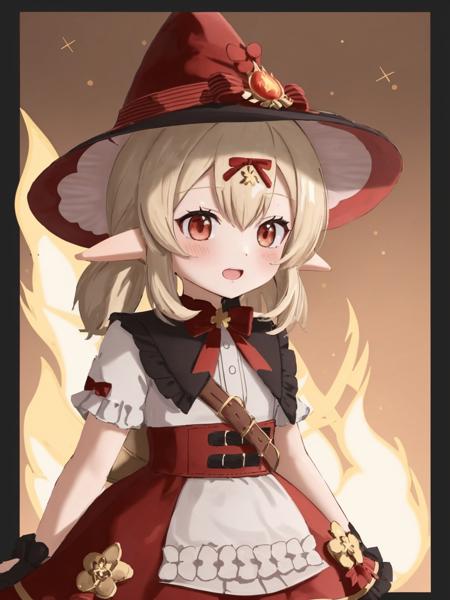 kid, light brown hair, red dress, pointy ears, hat, hgappy, fire background, bokeh <lyco:klee-bs:0.9>