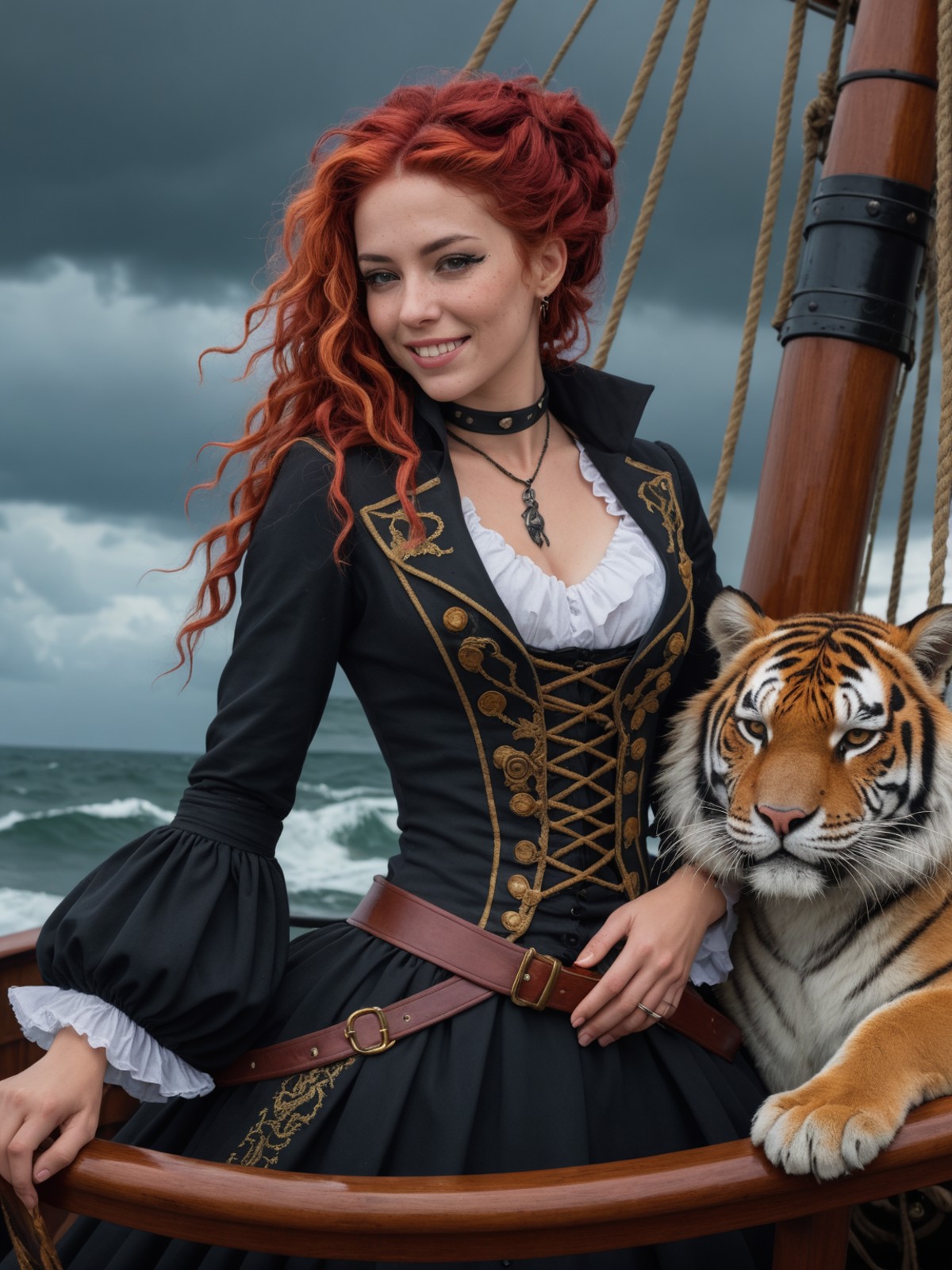 a woman portrait smile as a detailed (punk rock:1.2) pirate queen (petting a sleeping tiger:1.2) sailing on a pirate ship ...