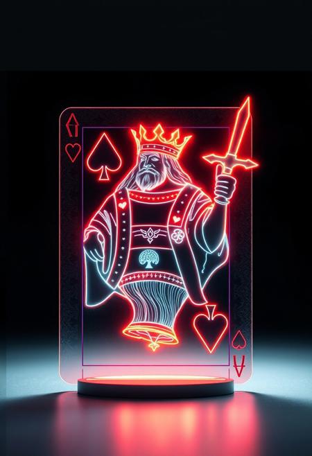Crea una imagen de la carta del Rey de corazones de la baraja americana transformada en un impresionante holograma 3D. El Rey cobra vida, emergiendo de la carta como si atravesara el espacio, flotando directamente frente a ti. Los detalles de su corona, espada y capa brillan con luces de neon, generando un efecto futurista que difumina la frontera entre lo virtual y lo real. La carta deja de ser un simple objeto, convirtiendose en una experiencia interactiva inmersiva que te transporta a un mundo donde la fantasia y la tecnologia se fusionan. Este holograma es perfecto para entornos donde la creatividad y la innovacion no tienen limites, en una atmosfera futurista, disenado para sorprender y cautivar a quienes lo presencian.