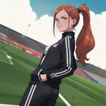 best quality tekuult (flat shading:1.2) <lora:TekuhoUlt_v3:1>  1girl, from side, dutch angle, looking back, looking at viewer, medium breasts, stretching, hand in pockets,  orange hair, green eyes, long hair, ponytail, covered nipples, hairclip, parted lips, wavy hair, smirk, v-shaped eyebrows, ass
black adidas tracksuit, black jacket, black adidas trackpants, open jacket, white sportsbra
football field background, bleachers, field goal,