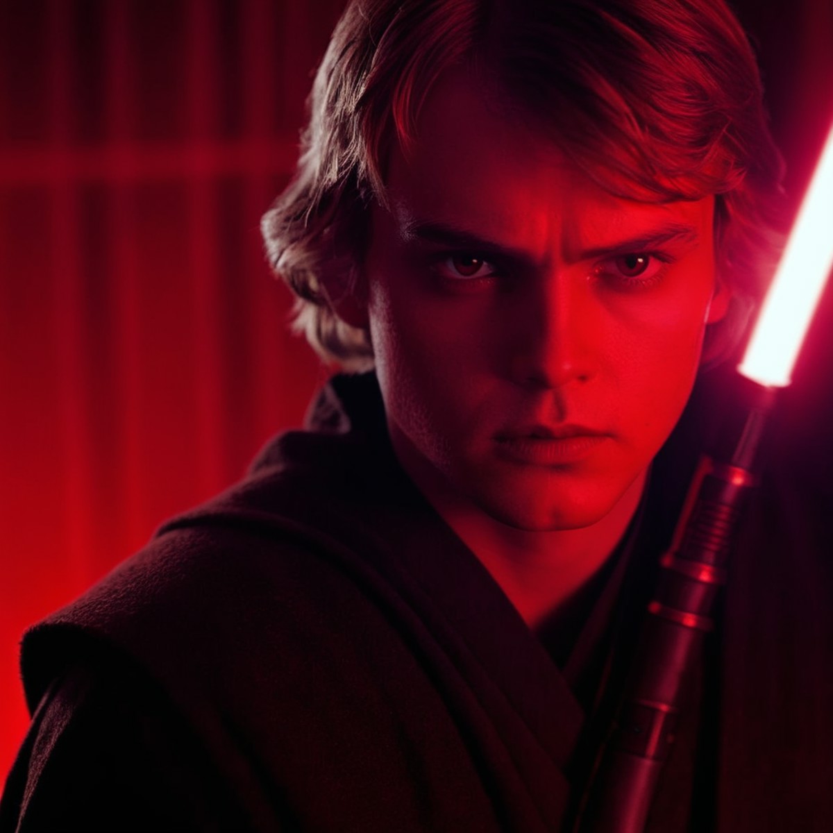 cinematic film still of  <lora:Anakin Skywalker:1.2>
Anakin Skywalker a man with in a dark room and a red light in star wa...