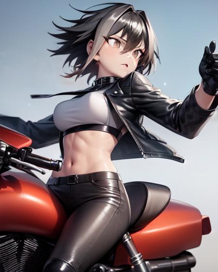 <lora:MarleBarrock:0.8>
1girl, marle barrock, solo, crop top, leather jacket, leather pants, boots, riding a motorcycle, looking real cool