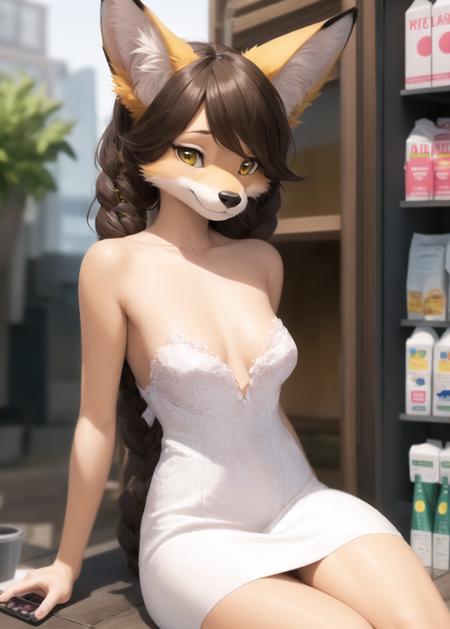 (super fluffy animal fu:1.1), female ((Anthro maned fox)), (long anthro legs, ditigrade), skinny furry girl, with thick ((yellow colored fur)), ((furry maned fox girl body)), (((full body portrait))), normal breasts, furry ((chest tuft)), (wedding dress), (playing videogames), (paws), brunette-haired braids, long muzzle, cute hairstyle, (detailed fur texture (outlined hair)), detailed female anthro maned fox face, seductive smile, cute face, (expressive anime eyes), well drawn convenience store background, detailed background, realistic convenience store background, background in focus, masterpiece, extremely detailed digital art,extraordinarily well drawn, detailed, (shaded), soft realistic lighting, subject focus, ((sharp focus)), cinematic lighting, amazing natural body, absurdres, highres, 8k, HD drawing,, (long fur covered body), anthro (furry)